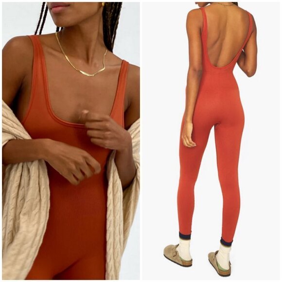 💕WEWOREWHAT💕 Rib Jumpsuit ~ Rust Orange Medium M NWT - Picture 1 of 15